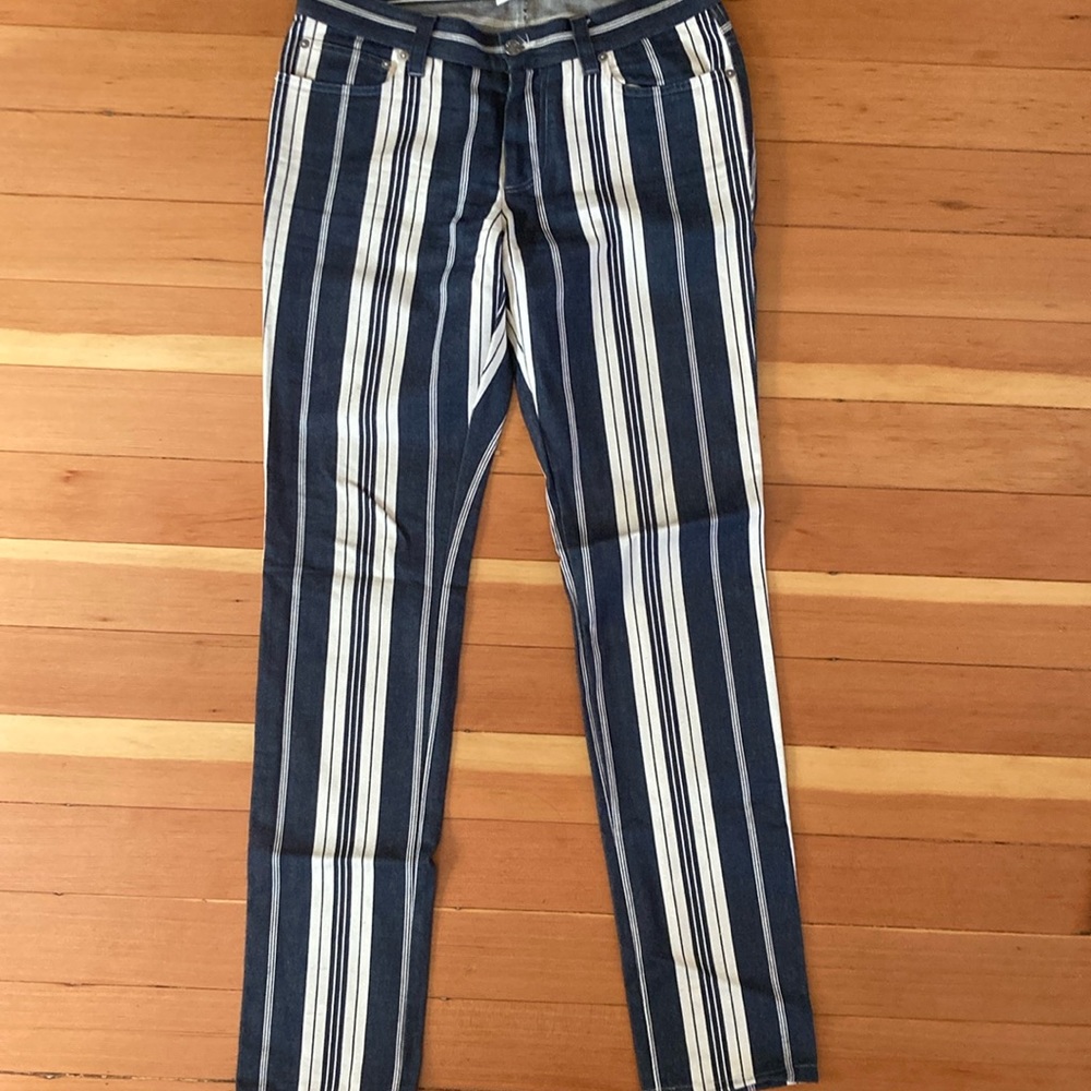 Agnes B. Navy Blue and White Vertical Stripe Jeans